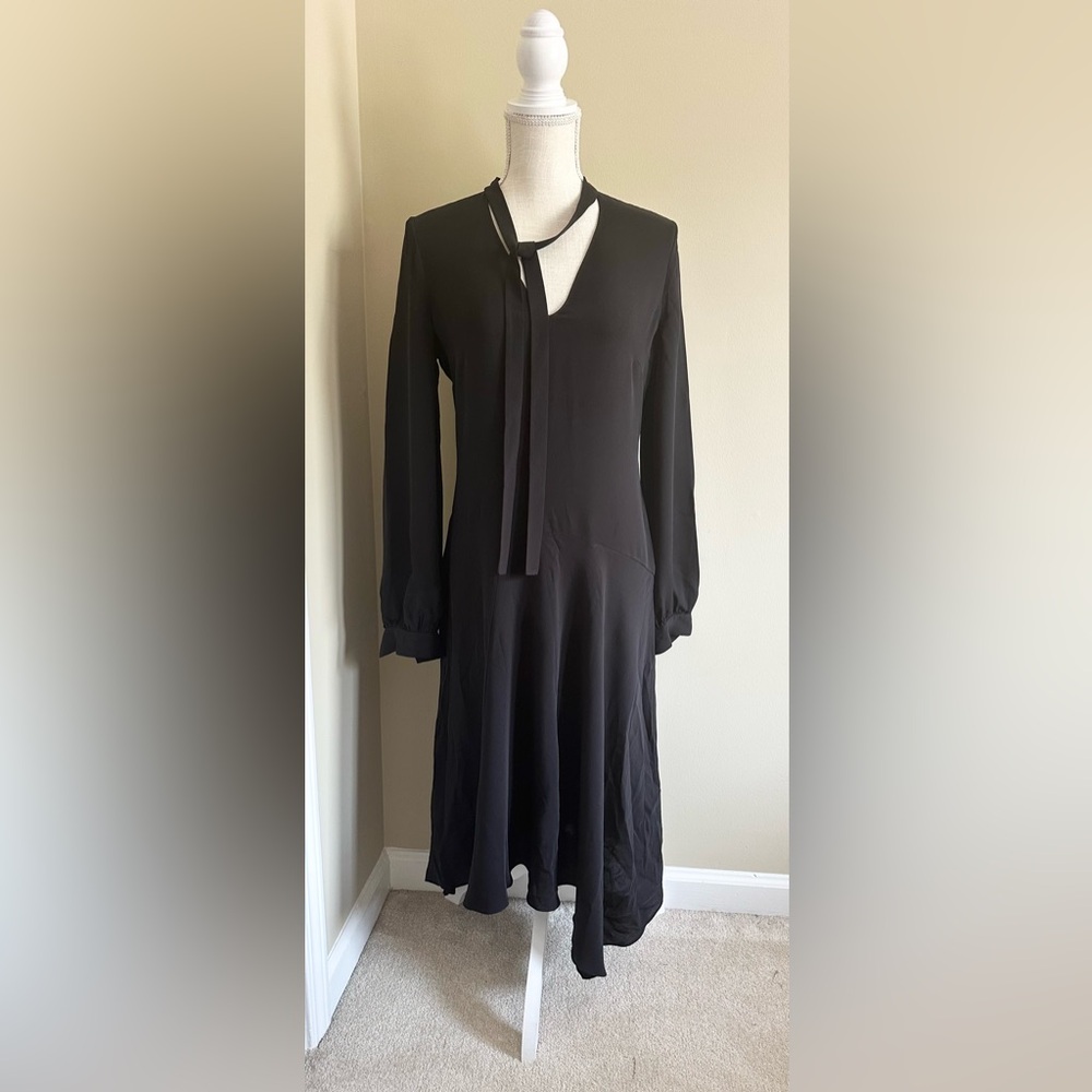 Theory 2 Black Tie Neck Drape Dress Long Sleeve Asymmetrical Hem 100% Silk - Picture 2 of 11